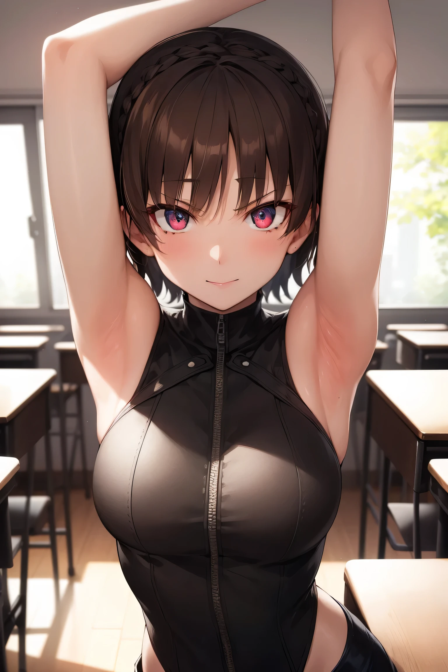 makotonijima, makoto nijima, blunt bangs, braid, brown hair, crown braid, (red eyes:1.3), short hair,
BREAK Official Outfit,
BREAK looking at viewer,standing, leaning forward, armpits,arm up,angry, pov,seductive smile,seductive pose,
BREAK indoors, classroom,
BREAK (masterpiece:1.2), best quality, high resolution, unity 8k wallpaper, (illustration:0.8), (beautiful detailed eyes:1.6), extremely detailed face, perfect lighting, extremely detailed CG, (perfect hands, perfect anatomy),