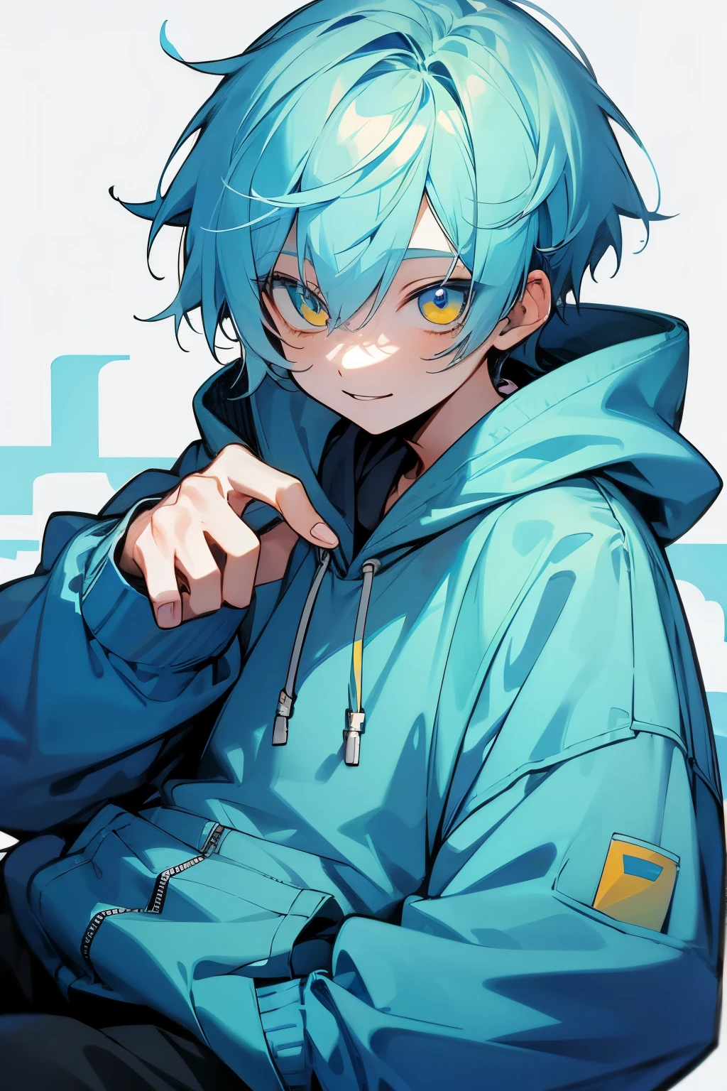 light blue hair　boy　Blue Hoodie　yellow eyes　smile　Hands are pockets