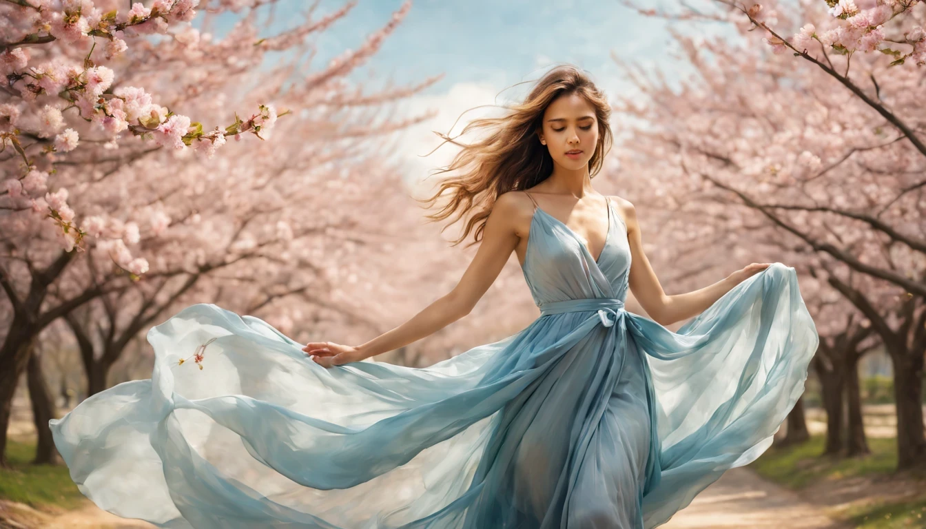 girl "Jessica Alba" with Blue long dress,scattered cloth,full body,under sakura trees,illustration,textured,detailed,sunlight filtering through the branches,vibrant colors,soft focus,wind blowing her hair,peaceful atmosphere,warm color palette,subtle shadows,magical feeling,delicate cherry blossoms,bright blue sky,fading sunlight,playful spirits dancing around,blurred sakura petals,serene expression on her face,airy fabric flowing in the wind,subtle gradients and shades,ethereal beauty,romantic setting,serene and elegant posture,dainty cherry blossom petals falling around her
