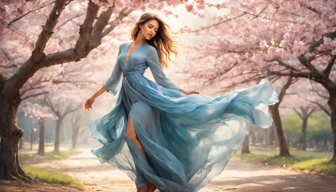 girl "Jessica Alba" with Blue long dress,scattered cloth,full body,under sakura trees,illustration,textured,detailed,sunlight filtering through the branches,vibrant colors,soft focus,wind blowing her hair,peaceful atmosphere,warm color palette,subtle shadows,magical feeling,delicate cherry blossoms,bright blue sky,fading sunlight,playful spirits dancing around,blurred sakura petals,serene expression on her face,airy fabric flowing in the wind,subtle gradients and shades,ethereal beauty,romantic setting,serene and elegant posture,dainty cherry blossom petals falling around her