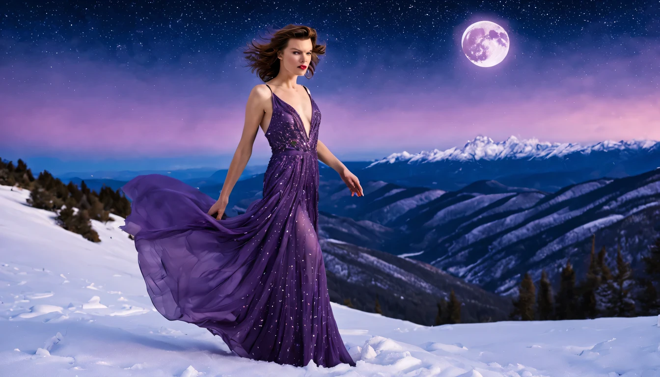 Graceful and fluttering nymph, "Milla Jovovich com vestido Ametista longo", caminhando a noite, and with a night sky with moon over snowy mountains The stars are beautiful