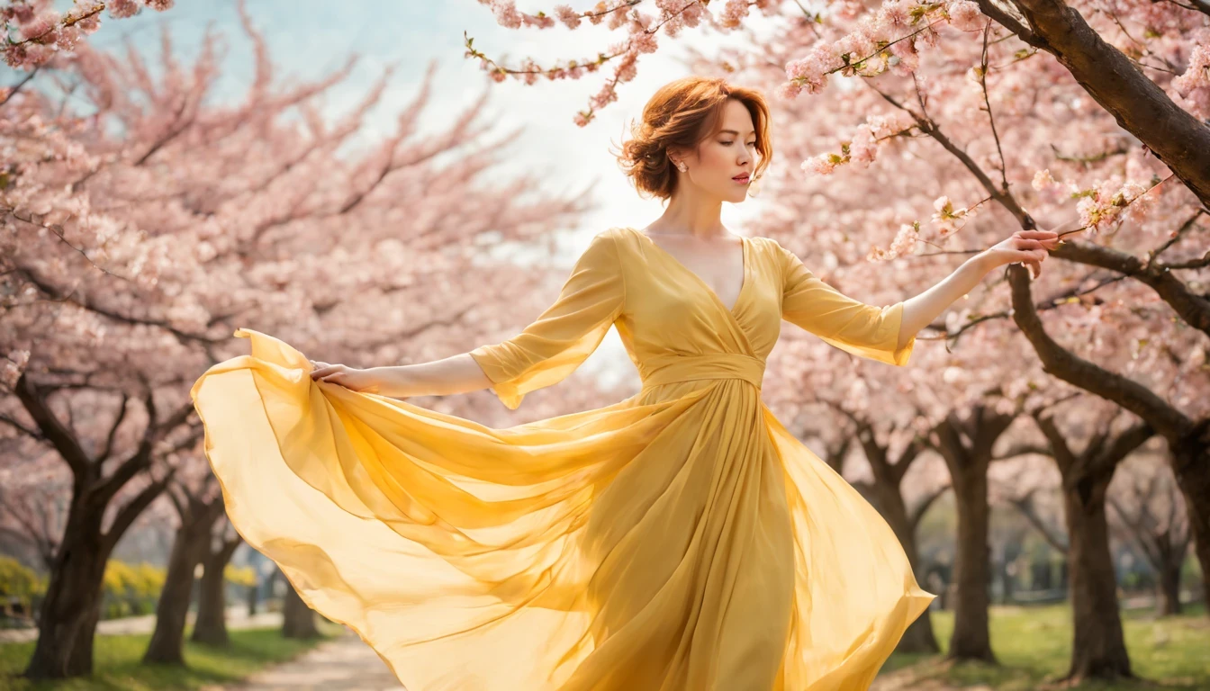 "Molly Ringwald" with Yellow long dress,scattered cloth,full body,under sakura trees,illustration,textured,detailed,sunlight filtering through the branches,vibrant colors,soft focus,wind blowing her hair,peaceful atmosphere,warm color palette,subtle shadows,magical feeling,delicate cherry blossoms,bright blue sky,fading sunlight,playful spirits dancing around,blurred sakura petals,serene expression on her face,airy fabric flowing in the wind,subtle gradients and shades,ethereal beauty,romantic setting,serene and elegant posture,dainty cherry blossom petals falling around her