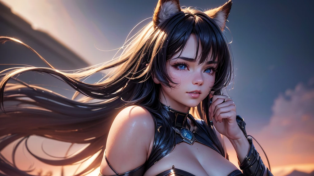 (Cinematic footage, full medium closeup, gorgeous 18-year-old kemonomimi woman soft pale skin, cute and youthful face, well-defined eyebrows, delicate nose, ultra-detailed: 1.1, photo-realistic: 1.4, depth of field, cinematic lighting, IMAX camera, HDR, DTM, Full HD, 8k, flared, medium breasts: 1.5, slim, smile, standing, 8K picture quality, sexy seduction, 4k, 8k, highres, best quality, plump and round lips: 1.4, realistic: 1.37 long, flowing: 1.1 luscious, plump: 1.1 sparkling sequins: 1.1 subtle, 0.9 soft, warm: 1.1 masterpiece: 1.2, realistic: 1.4, photo-realistic: 1.37, ultra-detailed: 1.1 busty animal ears, beautiful, detailed ears: 1.1 best quality, 4k, highres, masterpiece: 1.2 detailed, piercing eyes: 1.1 masterpiece: 1.2 very three-dimensional: 1.2, Unreal Engine 5, octane render), (beautiful ultra-detailed face, eyes, highly detail skin texture, high detailed skin, ultra-detailed body, bright and glowing skin: 1.1)
(Physical Rendering, Professional Lighting, Photon Mapping, Radiosity, Soft Light, Lens Reflection: 1.3), (best shadow), (3D: 0.5, realistic: 0.5, photo-realistic: 1.4), (Sharp focus: 1.5), (beautiful face, perfect face: 1.1), (eye makeup: 1.2), (tight body, fitness body: 1.2), (highest quality), (8k, best quality, masterpiece: 1.4), ((masterpiece, best)), (best illustration), (high detail: 1.1)
, (detailed Dungeons & Dragons background: 1.3)