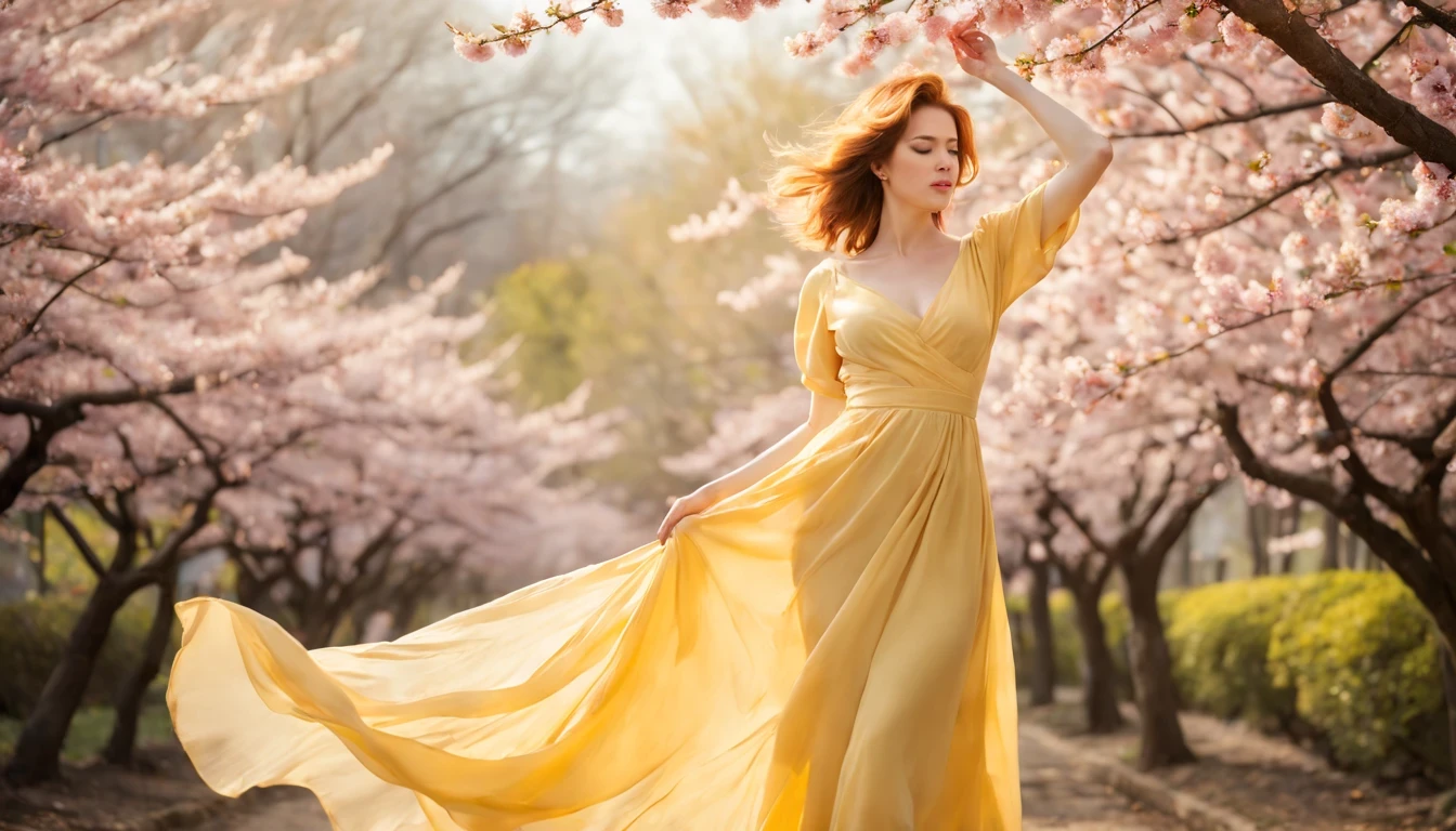 "Molly Ringwald" with Yellow long dress,scattered cloth,full body,under sakura trees,illustration,textured,detailed,sunlight filtering through the branches,vibrant colors,soft focus,wind blowing her hair,peaceful atmosphere,warm color palette,subtle shadows,magical feeling,delicate cherry blossoms,bright blue sky,fading sunlight,playful spirits dancing around,blurred sakura petals,serene expression on her face,airy fabric flowing in the wind,subtle gradients and shades,ethereal beauty,romantic setting,serene and elegant posture,dainty cherry blossom petals falling around her