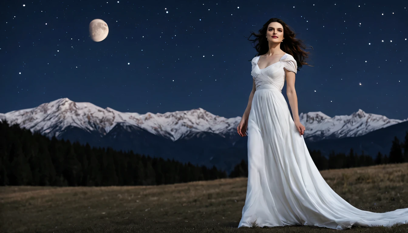 Graceful and fluttering nymph, "Rachel Weisz com vestido Branco longo", caminhando a noite, and with a night sky with moon over snowy mountains The stars are beautiful