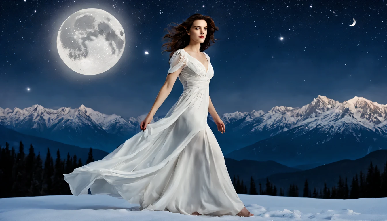 Graceful and fluttering nymph, "Rachel Weisz com vestido Branco longo", caminhando a noite, and with a night sky with moon over snowy mountains The stars are beautiful