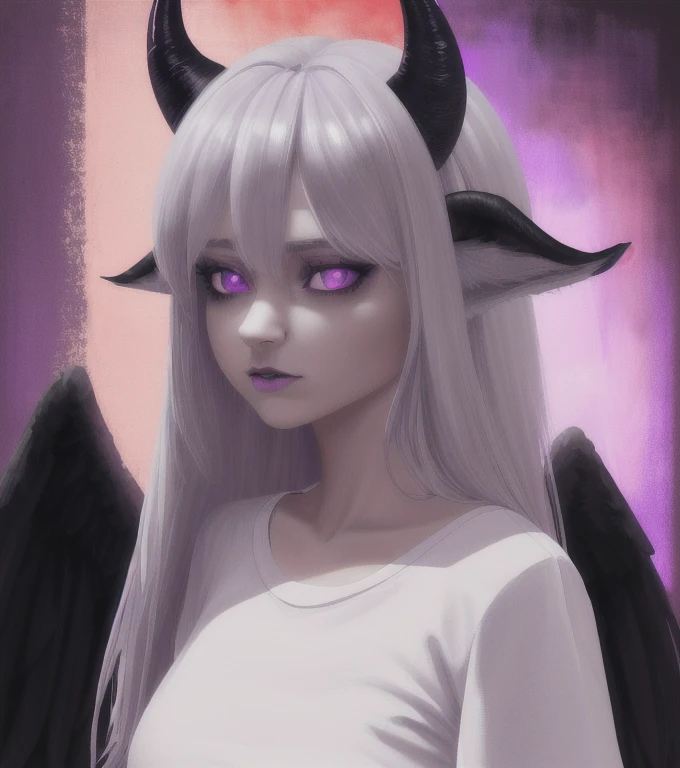 (a girl with bull horns, large wolf ears, black wings, violet eyes, silver hair, white t-shirt with red big points), oil painting, ultra-detailed, highres, photo-realistic, dark fantasy, vibrant colors, dramatic lighting.