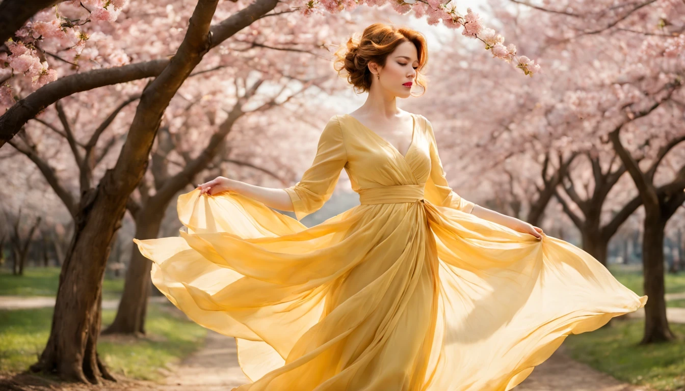 "Molly Ringwald" with Yellow long dress,scattered cloth,full body,under sakura trees,illustration,textured,detailed,sunlight filtering through the branches,vibrant colors,soft focus,wind blowing her hair,peaceful atmosphere,warm color palette,subtle shadows,magical feeling,delicate cherry blossoms,bright blue sky,fading sunlight,playful spirits dancing around,blurred sakura petals,serene expression on her face,airy fabric flowing in the wind,subtle gradients and shades,ethereal beauty,romantic setting,serene and elegant posture,dainty cherry blossom petals falling around her