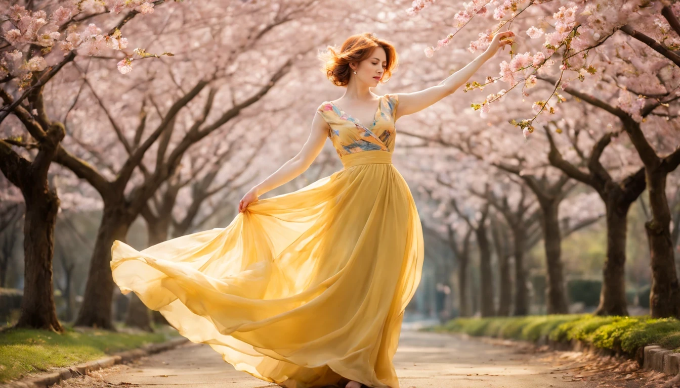 "Molly Ringwald" with Yellow long dress,scattered cloth,full body,under sakura trees,illustration,textured,detailed,sunlight filtering through the branches,vibrant colors,soft focus,wind blowing her hair,peaceful atmosphere,warm color palette,subtle shadows,magical feeling,delicate cherry blossoms,bright blue sky,fading sunlight,playful spirits dancing around,blurred sakura petals,serene expression on her face,airy fabric flowing in the wind,subtle gradients and shades,ethereal beauty,romantic setting,serene and elegant posture,dainty cherry blossom petals falling around her