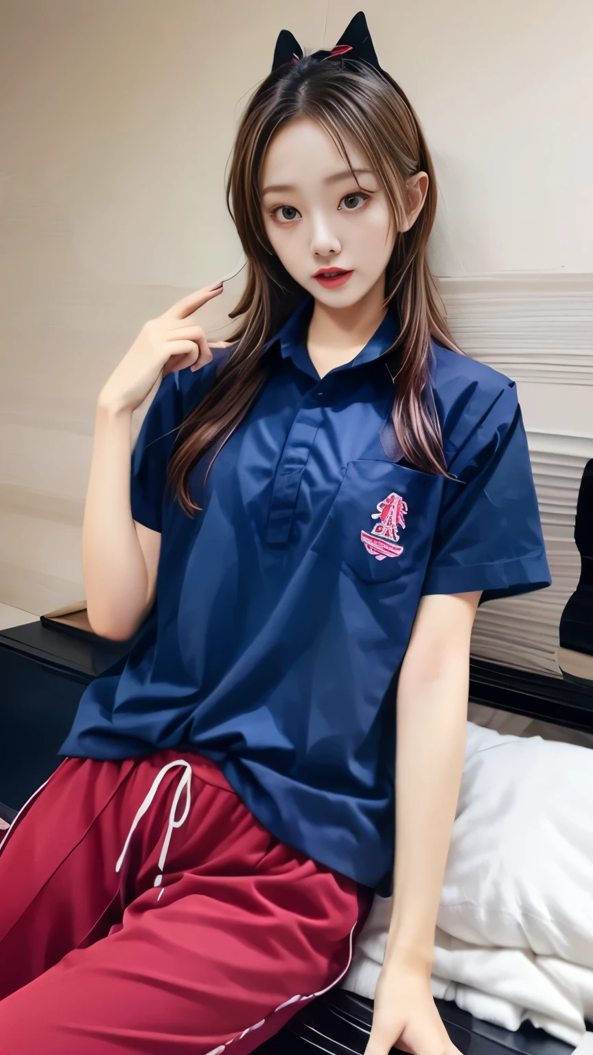 masterpiece, best quality, ultra realistic, hyper-detailed, 8k resolution, RAW photo, sharp focus, (2 girl on bed), ((navy shirt:1.1)), short sleeves, long trackpant, perfect body, 2 mature female, 18yo, cinematic light