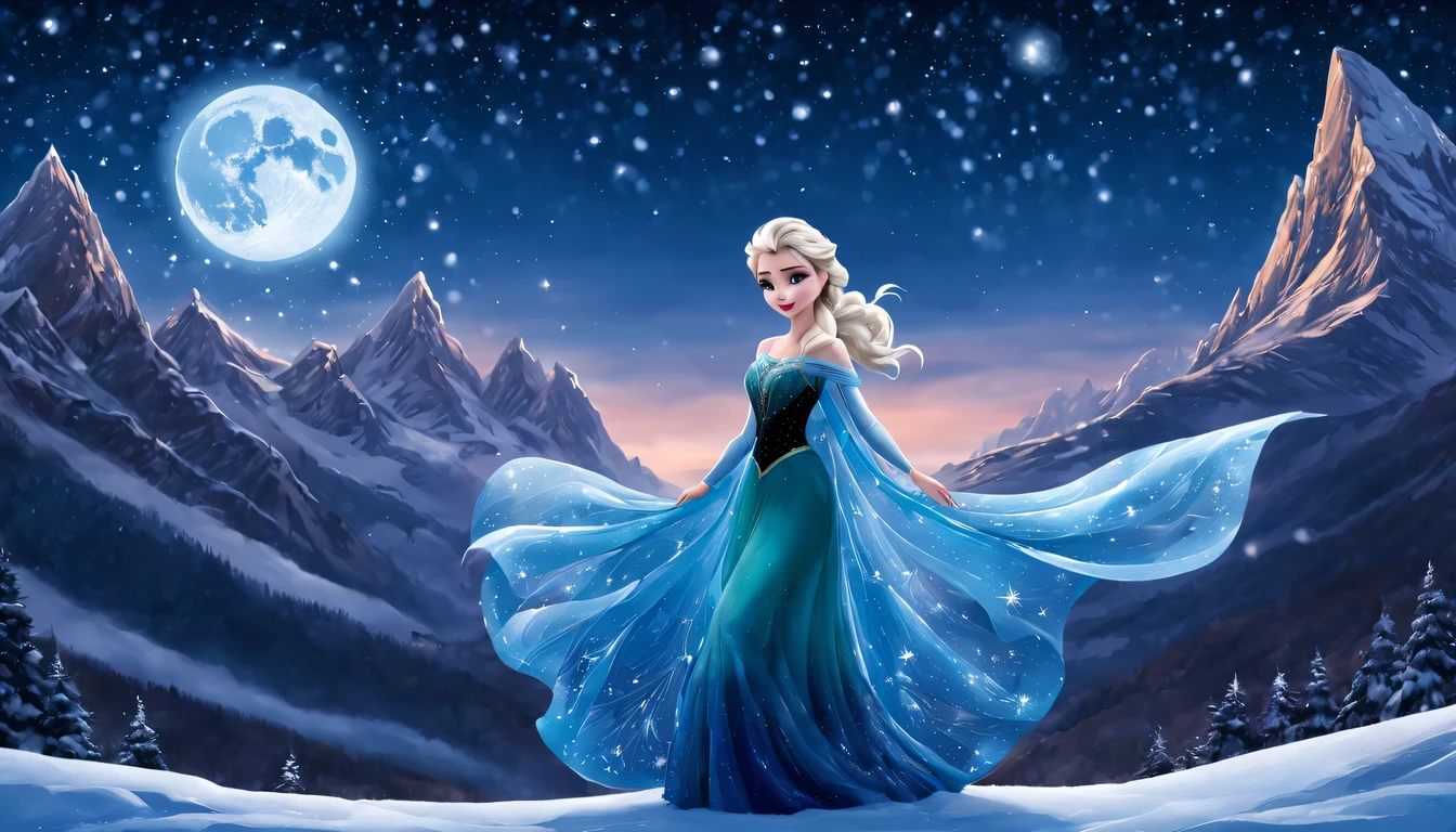 Graceful and fluttering nymph, "Elsa de frozen com vestido Azul Celeste longo", caminhando a noite, and with a night sky with moon over snowy mountains The stars are beautiful