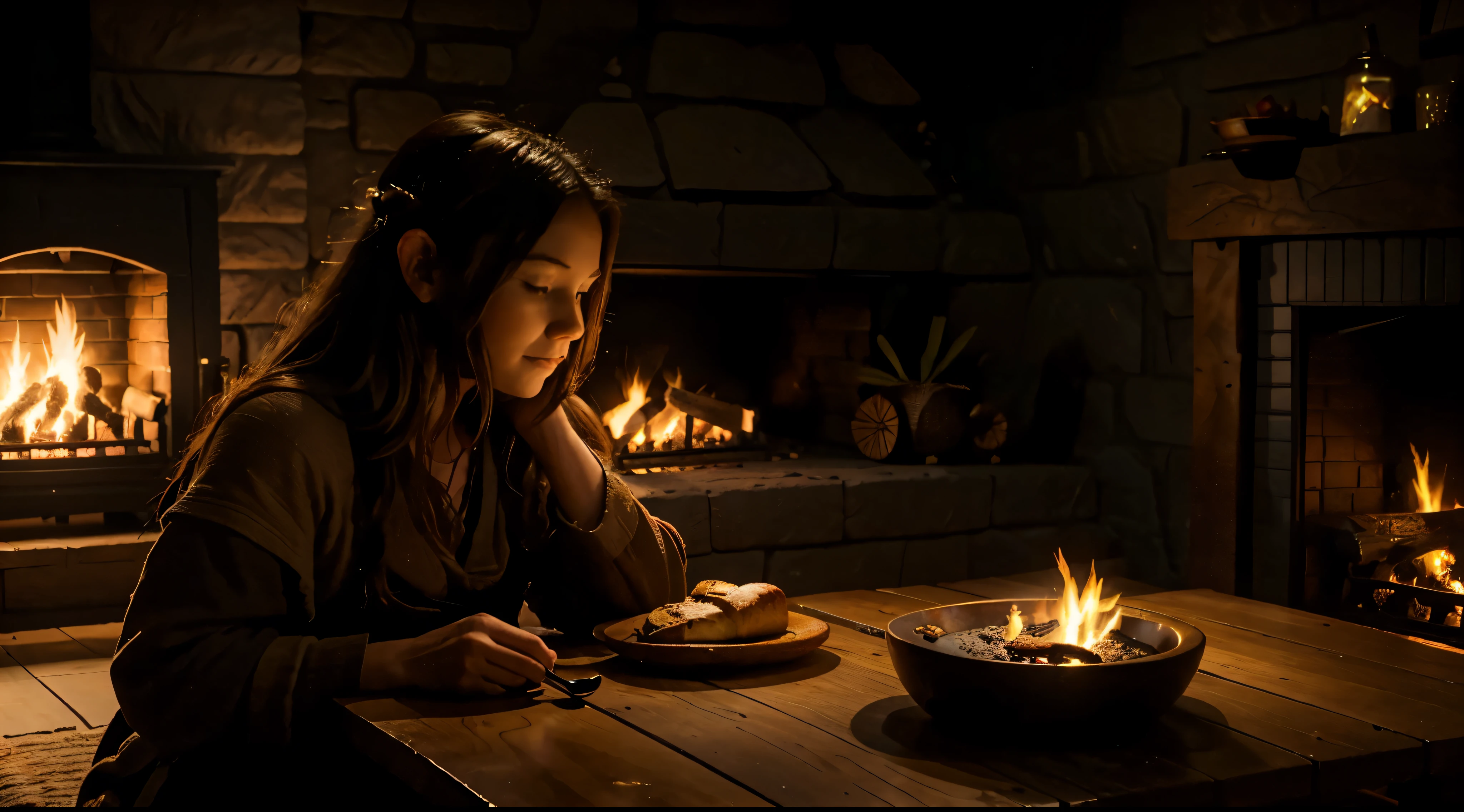 there is a cozy hobbit wooden hobbit, com lareira e uma mesa aconchegante cheia de mercadorias, bread and coffee on the table. no fundo, uma floresta tropical com uma pequena cachoeira, apenas uma lareira, a woman sitting in front of the fireplace ( APENAS UMA LAREIRA EM SCEANE)