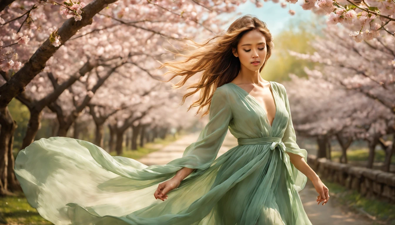 girl "Jessica Alba" with Green long dress,scattered cloth,full body,under sakura trees,illustration,textured,detailed,sunlight filtering through the branches,vibrant colors,soft focus,wind blowing her hair,peaceful atmosphere,warm color palette,subtle shadows,magical feeling,delicate cherry blossoms,bright blue sky,fading sunlight,playful spirits dancing around,blurred sakura petals,serene expression on her face,airy fabric flowing in the wind,subtle gradients and shades,ethereal beauty,romantic setting,serene and elegant posture,dainty cherry blossom petals falling around her