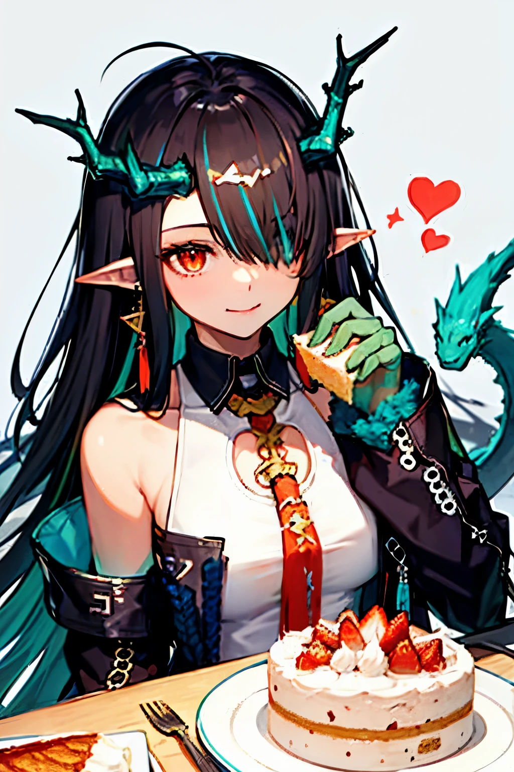 black_hair, horns, long_hair, pointy_ears, dragon_horns, multicolored_hair, jewelry, earrings, red_eyes, sleeveless, colored_skin, streaked_hair, breasts, dragon_girl, necktie, red_necktie, very_long_hair, green_skin, hair_over_one_eye, upper_body, green_hair, tassel_earrings, closed_mouth, angel wings, being an angel, holy, glowing, no face, long hair, black wings, edgy, smiling, fully clothed, handing a slice of cake down, cake slice, whipped cream, strawberry, blue cardigan