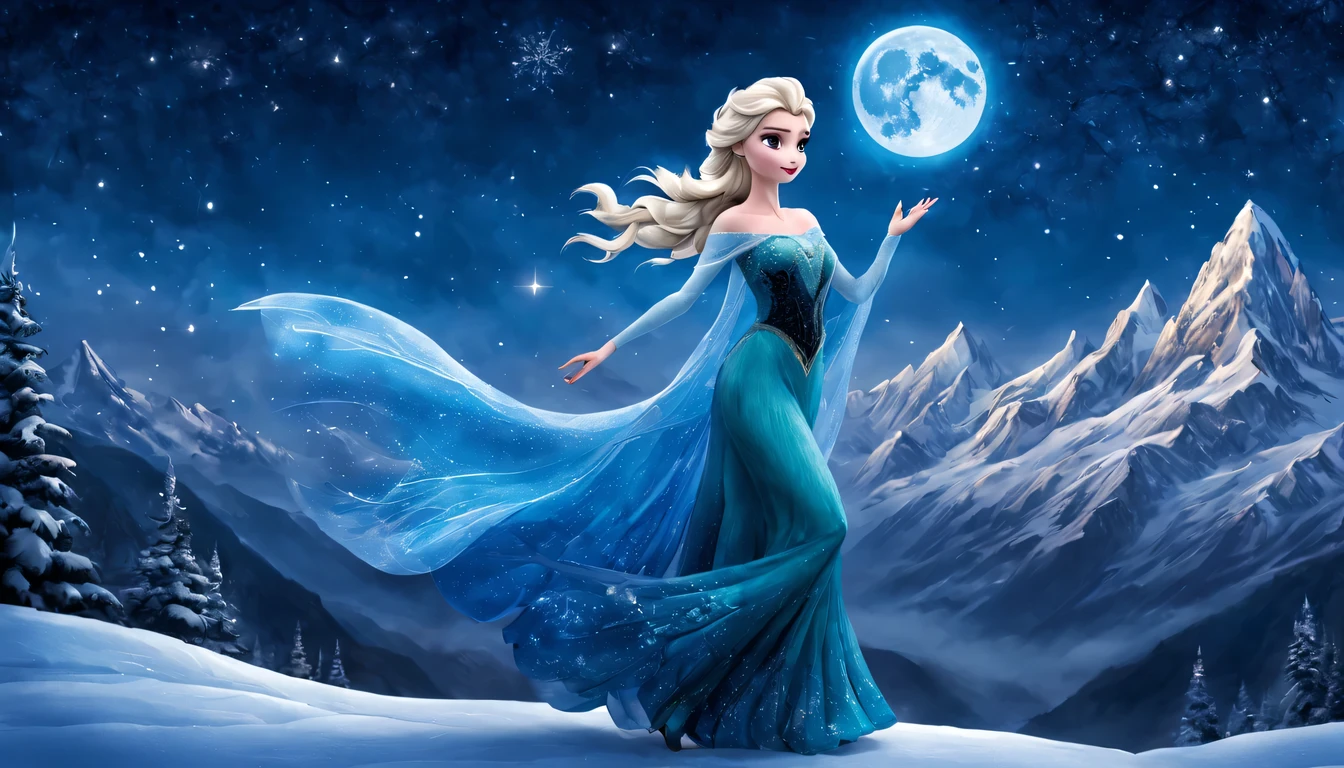 Graceful and fluttering nymph, "Elsa de frozen com vestido Azul Celeste longo", caminhando a noite, and with a night sky with moon over snowy mountains The stars are beautiful