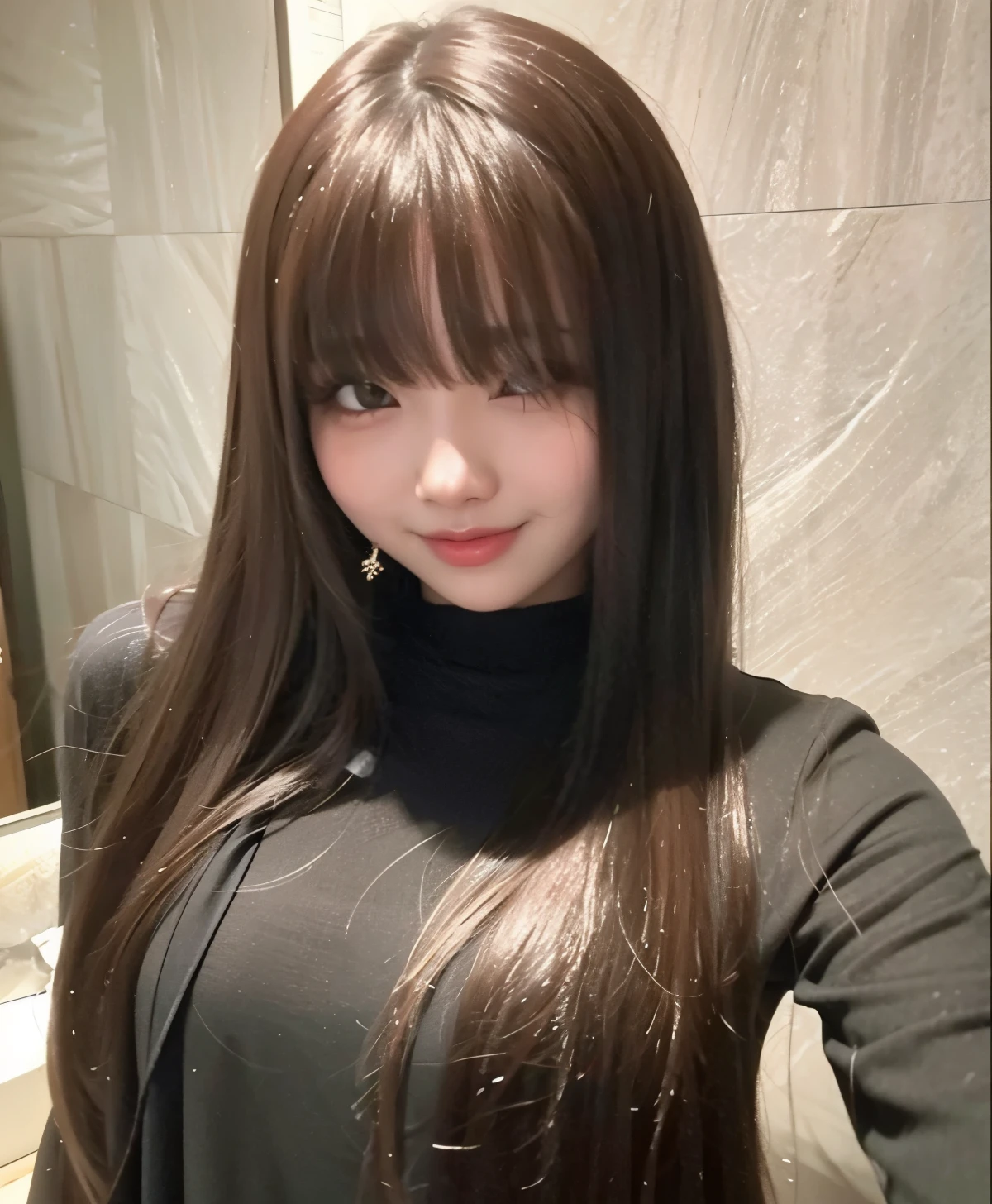 mulher arafada com longos cabelos castanhos e gola alta preta, long hair com franja completa, long hair com franja, com franja, neat hair com franja, com franja completa, Jang Wonyoung, Franja reta longa, brown long hair com franja, Wonyoung from IVE, wonyoung jang, Ulzzang