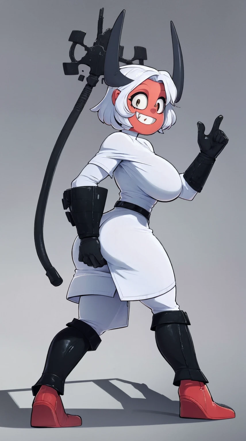 nun, demon girl, walking, , warpriesstes, silver hair, short hair, sacred gauntlets, long ski, cute smile, pure smile, love smile,,veillong skirt, pantyhose, staff holding, armor, gloves, standing, full body,sharpteeth,standing, full body, happy, joyfull