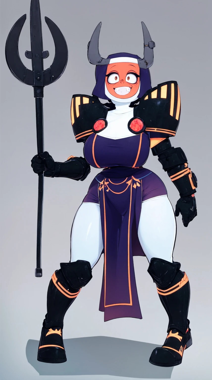 nun, demon girl, walking, , warpriesstes, silver hair, short hair, sacred gauntlets, long ski, cute smile, pure smile, love smile,,veillong skirt, pantyhose, staff holding, armor, gloves, standing, full body,sharpteeth,standing, full body, happy, joyfull