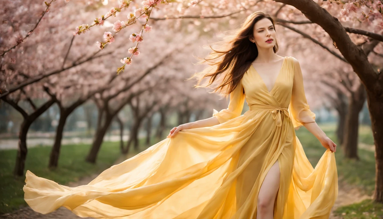 "Liv Tyler" with Yellow long dress,scattered cloth,full body,under sakura trees,illustration,textured,detailed,sunlight filtering through the branches,vibrant colors,soft focus,wind blowing her hair,peaceful atmosphere,warm color palette,subtle shadows,magical feeling,delicate cherry blossoms,bright blue sky,fading sunlight,playful spirits dancing around,blurred sakura petals,serene expression on her face,airy fabric flowing in the wind,subtle gradients and shades,ethereal beauty,romantic setting,serene and elegant posture,dainty cherry blossom petals falling around her