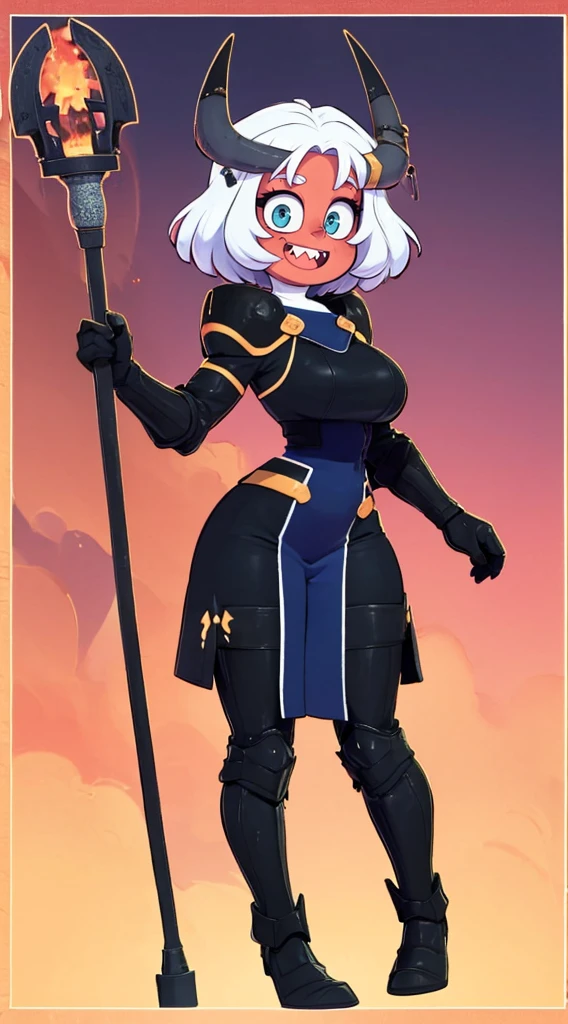 nun, demon girl, walking, , warpriesstes, silver hair, short hair, sacred gauntlets, long ski, cute smile, pure smile, love smile,,veillong skirt, pantyhose, staff holding, armor, gloves, standing, full body,sharpteeth,standing, full body, happy, joyfull