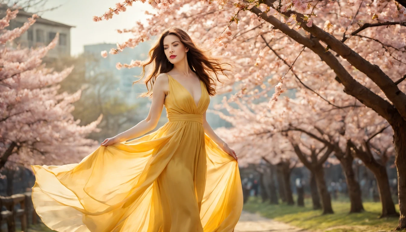 "Liv Tyler" with Yellow long dress,scattered cloth,full body,under sakura trees,illustration,textured,detailed,sunlight filtering through the branches,vibrant colors,soft focus,wind blowing her hair,peaceful atmosphere,warm color palette,subtle shadows,magical feeling,delicate cherry blossoms,bright blue sky,fading sunlight,playful spirits dancing around,blurred sakura petals,serene expression on her face,airy fabric flowing in the wind,subtle gradients and shades,ethereal beauty,romantic setting,serene and elegant posture,dainty cherry blossom petals falling around her