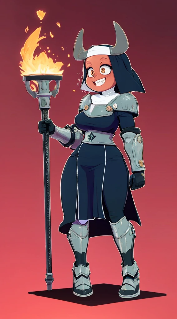 nun, demon girl, walking, , warpriesstes, silver hair, short hair, sacred gauntlets, long ski, cute smile, pure smile, love smile,,veillong skirt, pantyhose, staff holding, armor, gloves, standing, full body,sharpteeth,standing, full body, happy, joyfull