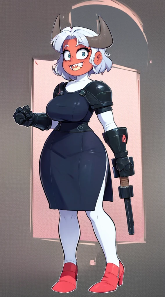 nun, demon girl, walking, , warpriesstes, silver hair, short hair, sacred gauntlets, long ski, cute smile, pure smile, love smile,,veillong skirt, pantyhose, staff holding, armor, gloves, standing, full body,sharpteeth,standing, full body, happy, joyfull
