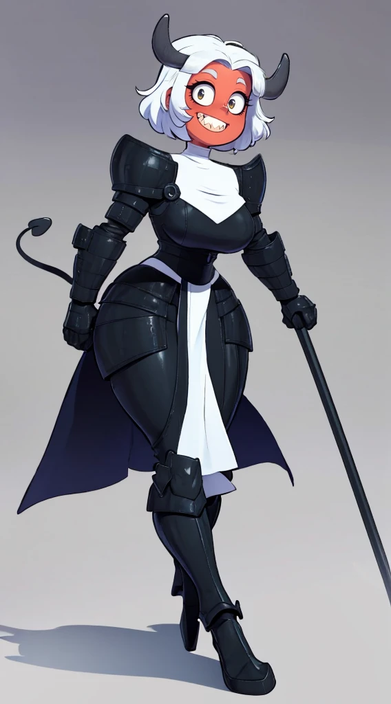 nun, demon girl, walking, , warpriesstes, silver hair, short hair, sacred gauntlets, long ski, cute smile, pure smile, love smile,,veillong skirt, pantyhose, staff holding, armor, gloves, standing, full body,sharpteeth,standing, full body, happy, joyfull