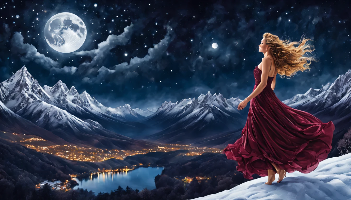 Graceful and fluttering nymph, "Claire Forlan com vestido Vinho longo", caminhando a noite, and with a night sky with moon over snowy mountains The stars are beautiful