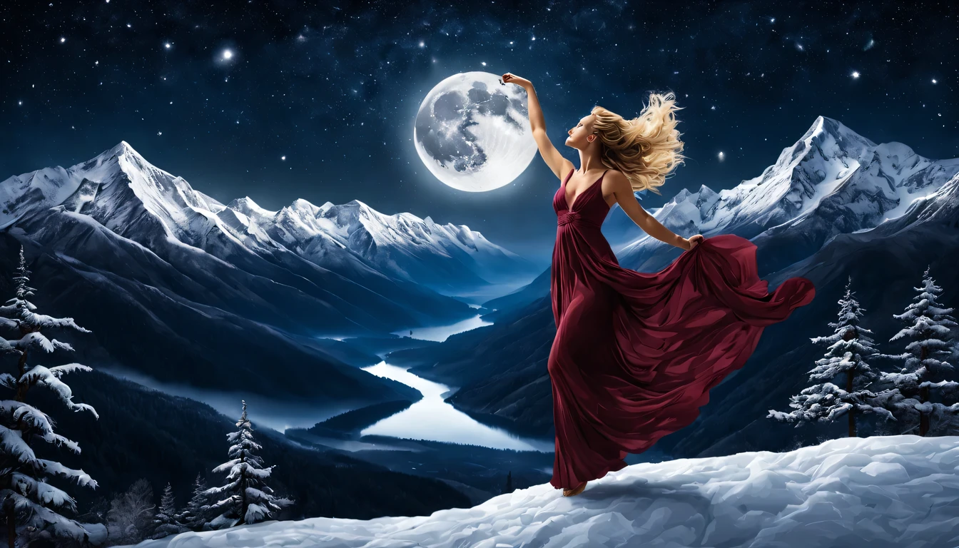 Graceful and fluttering nymph, "Claire Forlan com vestido Vinho longo", caminhando a noite, and with a night sky with moon over snowy mountains　The stars are beautiful
