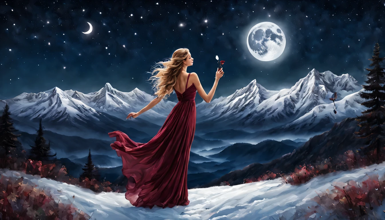 Graceful and fluttering nymph, "Claire Forlan com vestido Vinho longo", caminhando a noite, and with a night sky with moon over snowy mountains　The stars are beautiful

