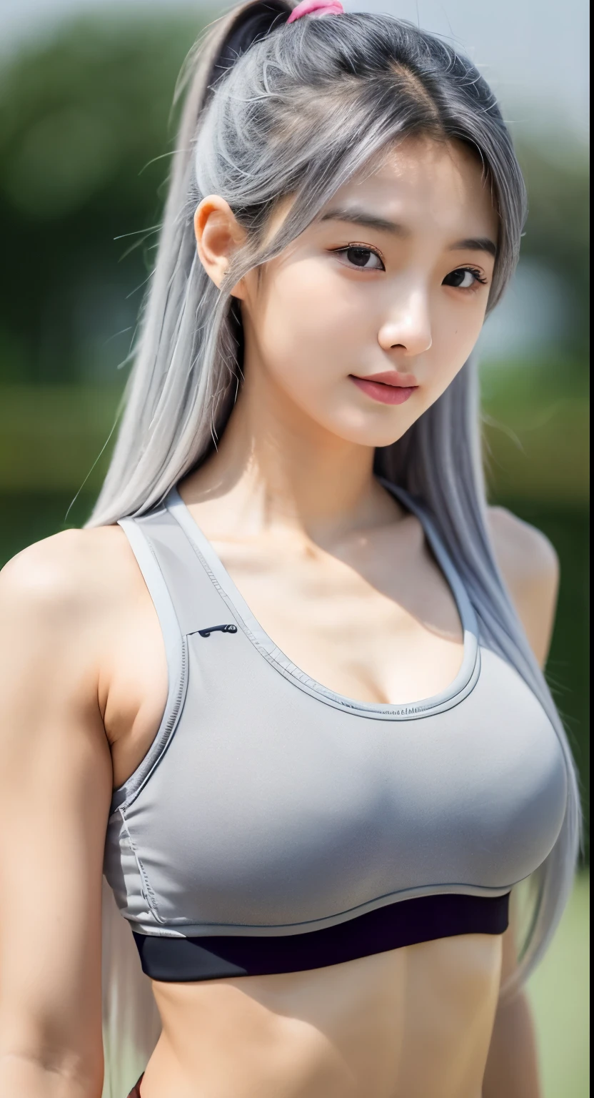 Background in Dubai, gray hair, long hair, 21 years old, korean girl, korean model, idol, wearing sport bra and short, perfect body, detailed face, 8K, realistic, sexy body, full body, gray llng hair
