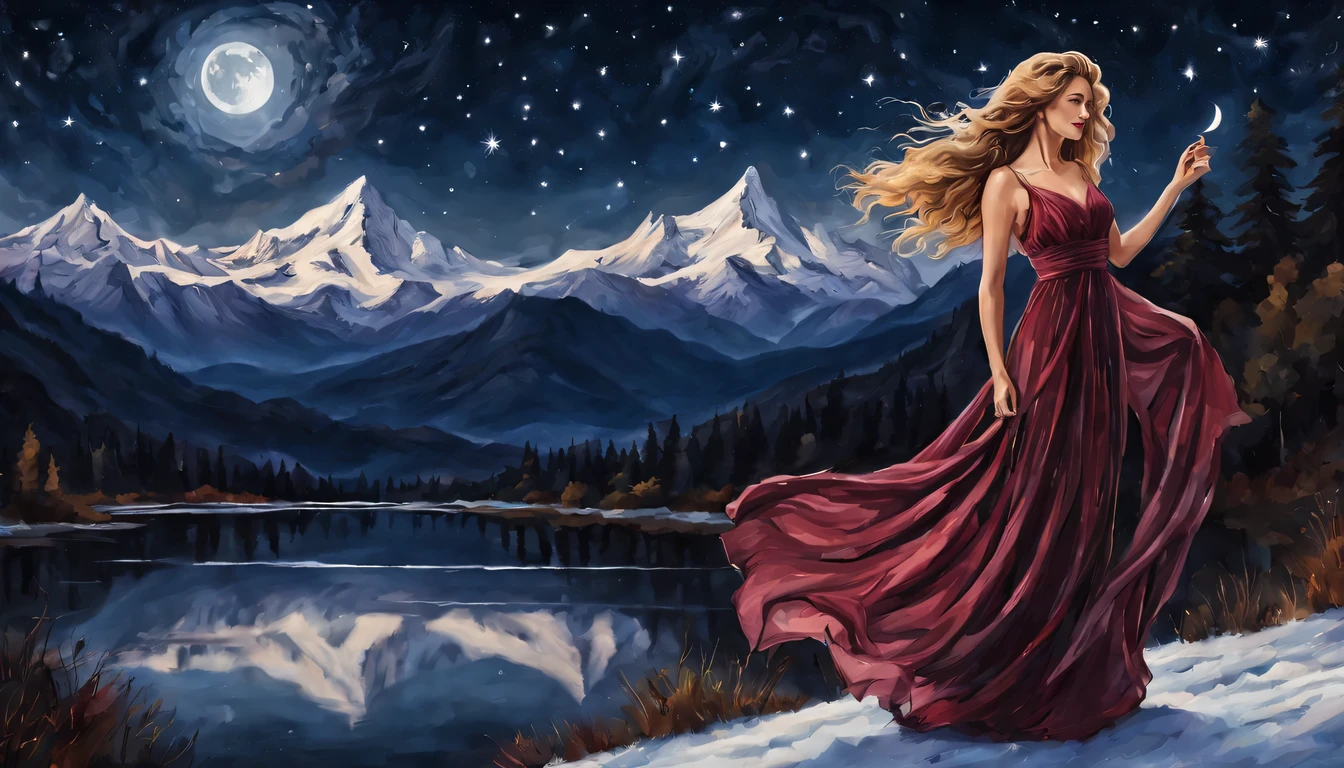 Graceful and fluttering nymph, "Claire Forlan com vestido Vinho longo", caminhando a noite, and with a night sky with moon over snowy mountains The stars are beautiful