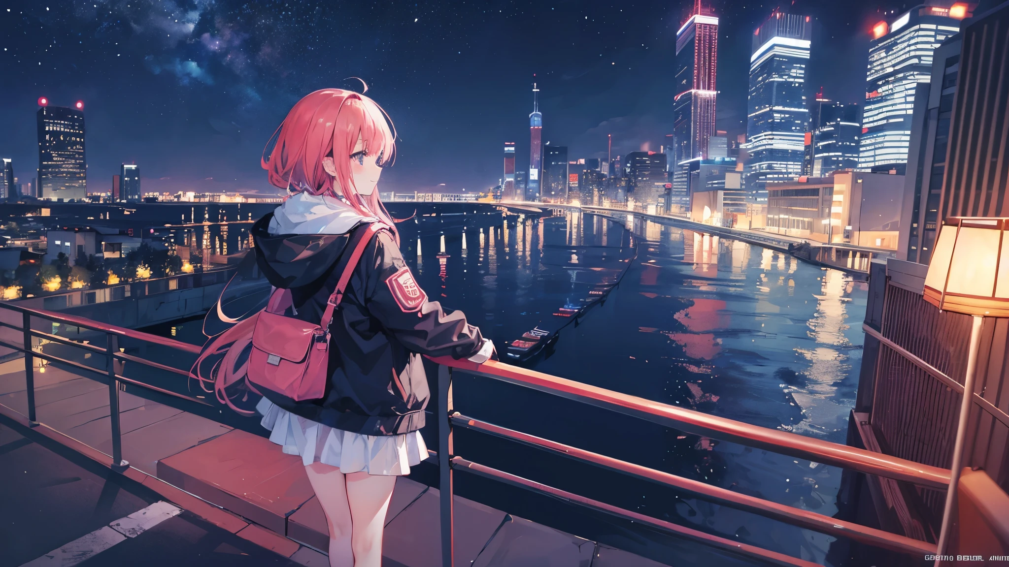 night景、girl、look far away、dark、night、city、City