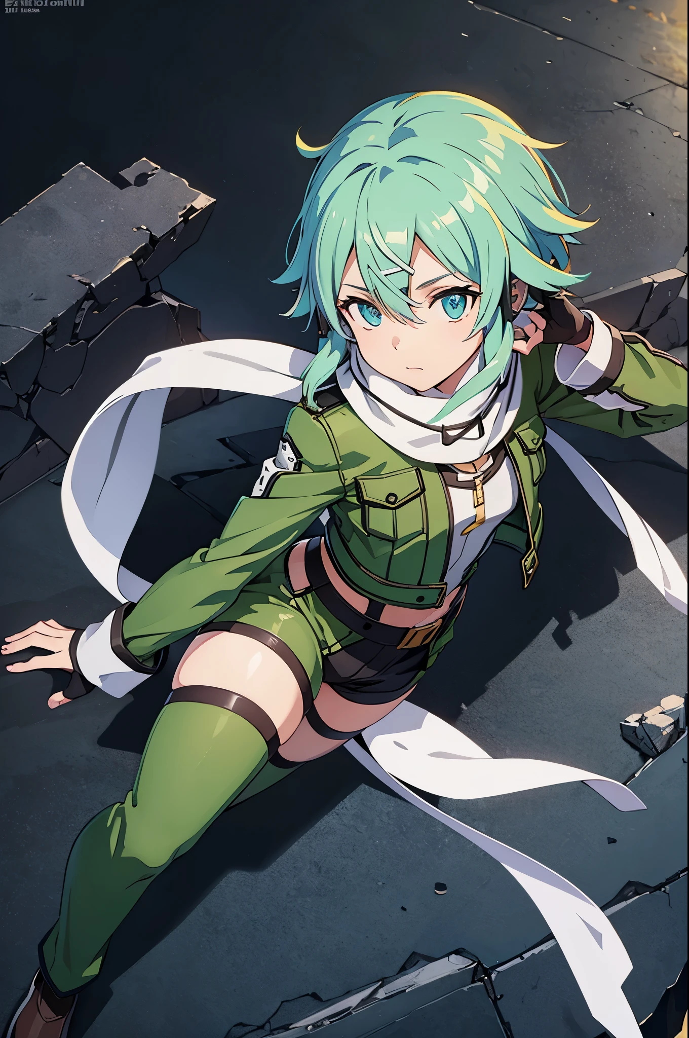 (masterpiece), best quality, expressive eyes, perfect face, highres, sinon1, scarf, fingerless gloves, long sleeves, short shorts, hair ornament, hairclip, green thighhighs, green jacket, thigh strap, field, ruins background, ruined structures, standing, portrait,  looking at the viewer, (from above:2)