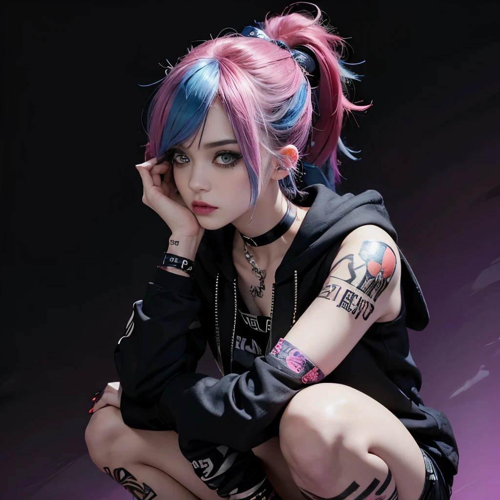 1girl, punk, punk girl, colorful hair, arms crossed, annoyed, squatting, black hoodie, pale skin, mascara, eye shadow, choker, colorful background, grafitti, tattoos, eyeliner