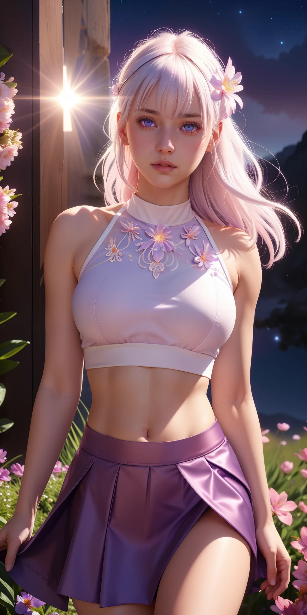 realistic, 1girl, white hair, purple eyes, glowing eyes, crop top, skirt, parted lips, blush, night, flowers, sun, sunlight,