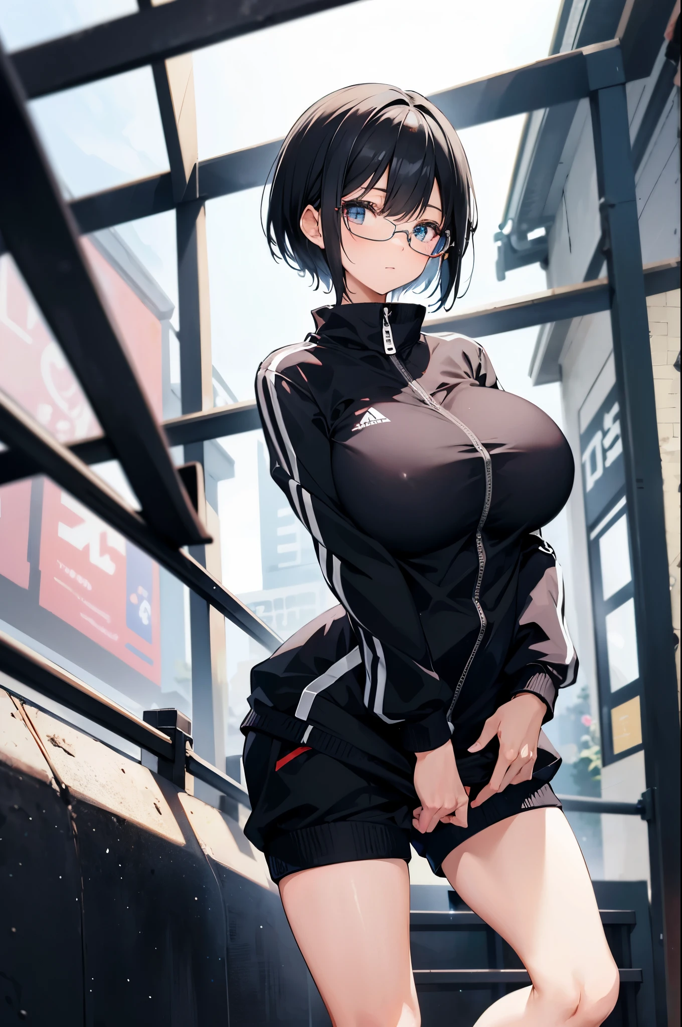 1 Japanese girl, glasses, (slim body:1.2), (huge breasts:1.1), (slender legs:1.1), short hair, black hair, tracksuit,