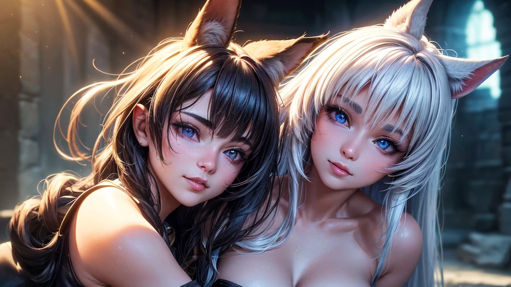 (Cinematic footage, full medium closeup, gorgeous 18-year-old kemonomimi woman soft pale skin, cute and youthful face, well-defined eyebrows, delicate nose, ultra-detailed: 1.1, photo-realistic: 1.4, depth of field, cinematic lighting, IMAX camera, HDR, DTM, Full HD, 8k, flared, medium breasts: 1.5, slim, smile, standing, 8K picture quality, sexy seduction, 4k, 8k, highres, best quality, plump and round lips: 1.4, realistic: 1.37 long, flowing: 1.1 luscious, plump: 1.1 sparkling sequins: 1.1 subtle, 0.9 soft, warm: 1.1 masterpiece: 1.2, realistic: 1.4, photo-realistic: 1.37, ultra-detailed: 1.1 busty animal ears, beautiful, detailed ears: 1.1 best quality, 4k, highres, masterpiece: 1.2 detailed, piercing eyes: 1.1 masterpiece: 1.2 very three-dimensional: 1.2, Unreal Engine 5, octane render), (beautiful ultra-detailed face, eyes, highly detail skin texture, high detailed skin, ultra-detailed body, bright and glowing skin: 1.1)
(Physical Rendering, Professional Lighting, Photon Mapping, Radiosity, Soft Light, Lens Reflection: 1.3), (best shadow), (3D: 0.5, realistic: 0.5, photo-realistic: 1.4), (Sharp focus: 1.5), (beautiful face, perfect face: 1.1), (eye makeup: 1.2), (tight body, fitness body: 1.2), (highest quality), (8k, best quality, masterpiece: 1.4), ((masterpiece, best)), (best illustration), (high detail: 1.1)
,(Masterpiece: 1.37, Dungeons & Dragons Theme: 1.37, Detailed Dungeons & Dragons background: 1.3)