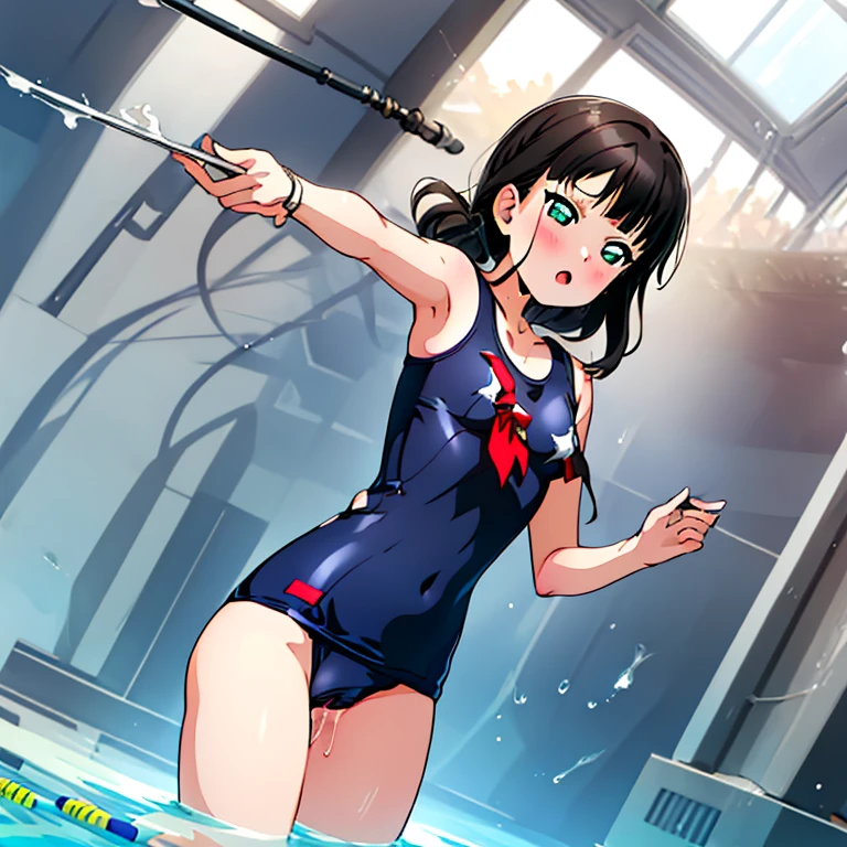 best quality, very aesthetic, Super detailed, best illustration, nsfｗ, pussy focus, 1girl, おっぱい, aroused, black_hair, school swim suit