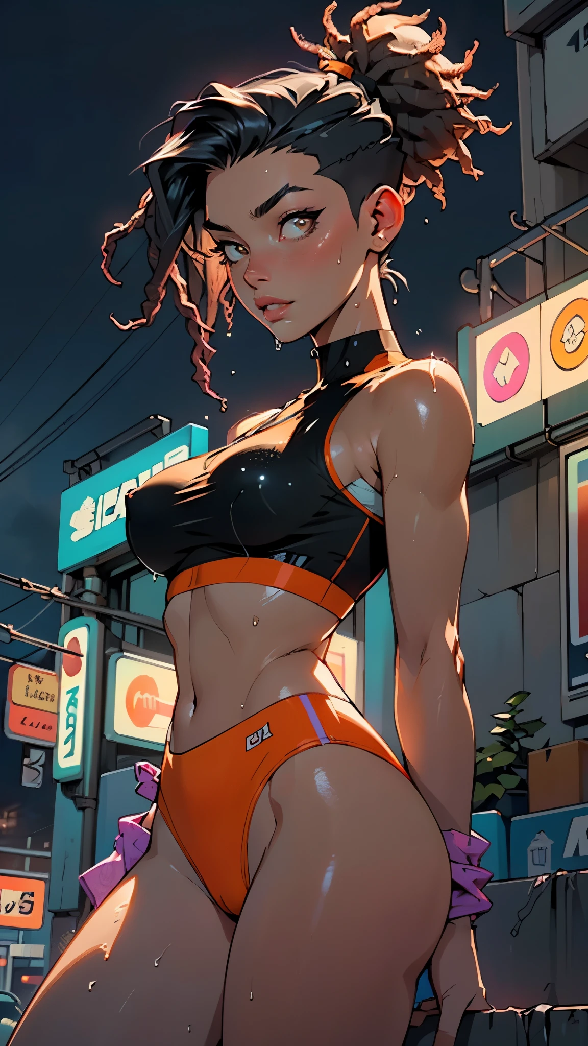 girl sporty,((attractive girl)),
(large breasts:1.4),saggy breasts,(((black hair:1.4,hi-top fade Haircut:1.5,hi-top fade:1.5,ponytail hairstyle with dreadlocks:1.5))),((heterochromia:1.5, (orange_eye and yellow_eye))),intricate eyes,beautiful detailed eyes,symmetrical eyes,((fat))(((lustrous skin:1.5,bright skin: 1.5,skin tanned,shiny skin,very shiny skin,shiny body,plastic glitter skin,exaggerated shiny skin,illuminated skin, wet legs))),(spider lower abdomen,narrow waist,wide hip,athletic body,inflated legs, thick thighs,detailed body,(detailed face)),
cute,slutty,seductive,erotic,(((nsfw))),
((tight sports bra, tight sports panties, (orange and black clothes))),(((underboob))),((wet clothes,intricate outfit,intricate clothes)),
(dynamic pose:1.0),coquette,look of security, determined,(centered,scale to fit dimensions,Rule of thirds),
cyberpunk city by the ocean at night, with bright neon signs and dark stormy clouds and puddles, scenery:1.25,nighttime, starry night, cosmos,Very dark night that makes the neon lights stand out, very bright neon lights,
artistic photography,(photography taken by sldr),highres, sharp focus,(ultra detailed, extremely detailed), (photorealistic artwork:1.37),(extremely detailed CG unity 8k wallpaper),((synthwave background theme)),(((vibrant colors))),intricate,(intricate background),(masterpiece),(best quality),perfect rendered face,perfect face details,realistic face,photo realistic,analog style,((intricate detail)),(((realism))),