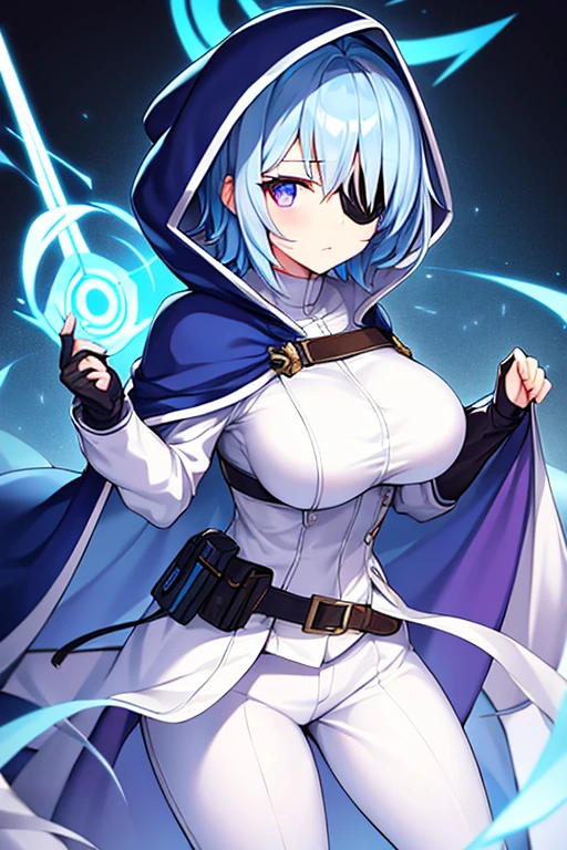 1girl, large breasts, light blue hair, purple eyes, one eye covered, eyepatch, ((eyepatch)), short hair, glowing eyes, emotionless, cloak, white cloak, white hood, white cape, cape, belt, white pants, white clothes, hood up, pants, ((pants))