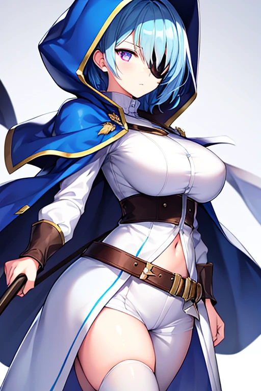 1girl, large breasts, light blue hair, purple eyes, one eye covered, eyepatch, ((eyepatch)), short hair, glowing eyes, emotionless, cloak, white cloak, white hood, white cape, cape, belt, white pants, white clothes, hood up, pants, ((pants))