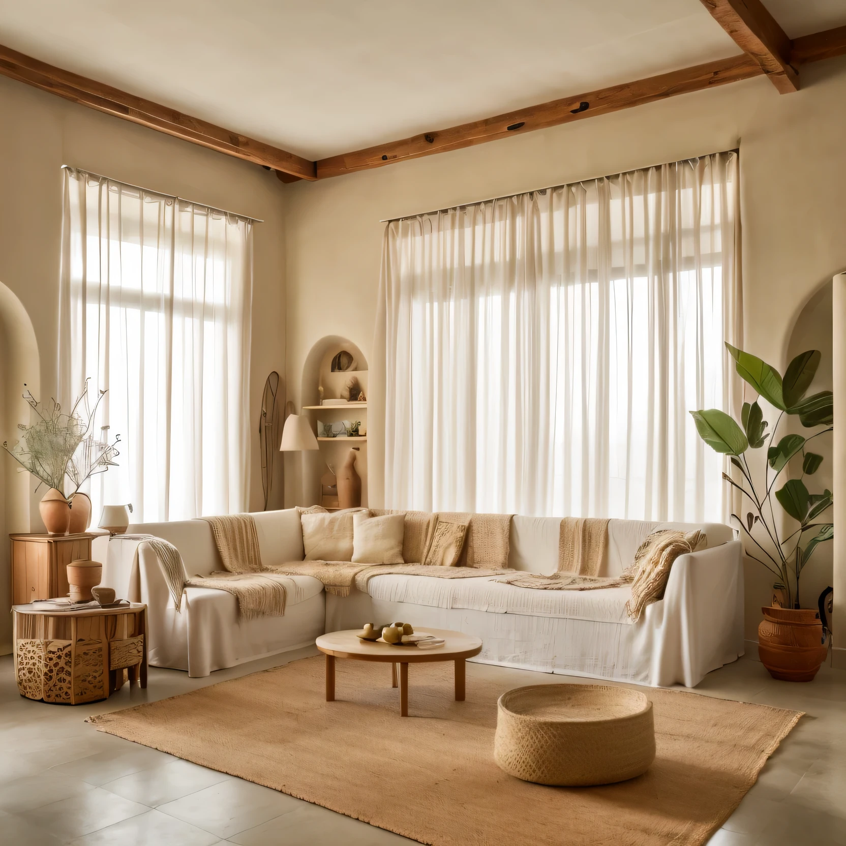 RAW photo of living room,(Mediterranean Revival style) , curtain , art decor on wall , fabric sofa, wooden table, Masterpiece, high quality, best quality, authentic, super detail, interior,white wall, Realistic reflexes,realistic light , vray