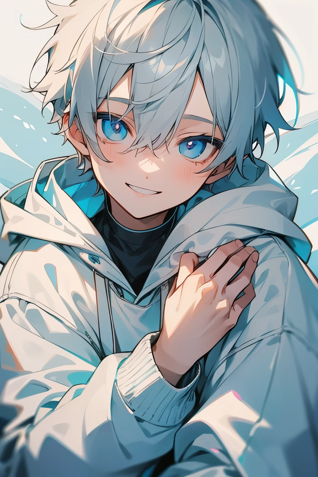 youtuber　gray hair　light blue eyes　boy　smile　white hoodie