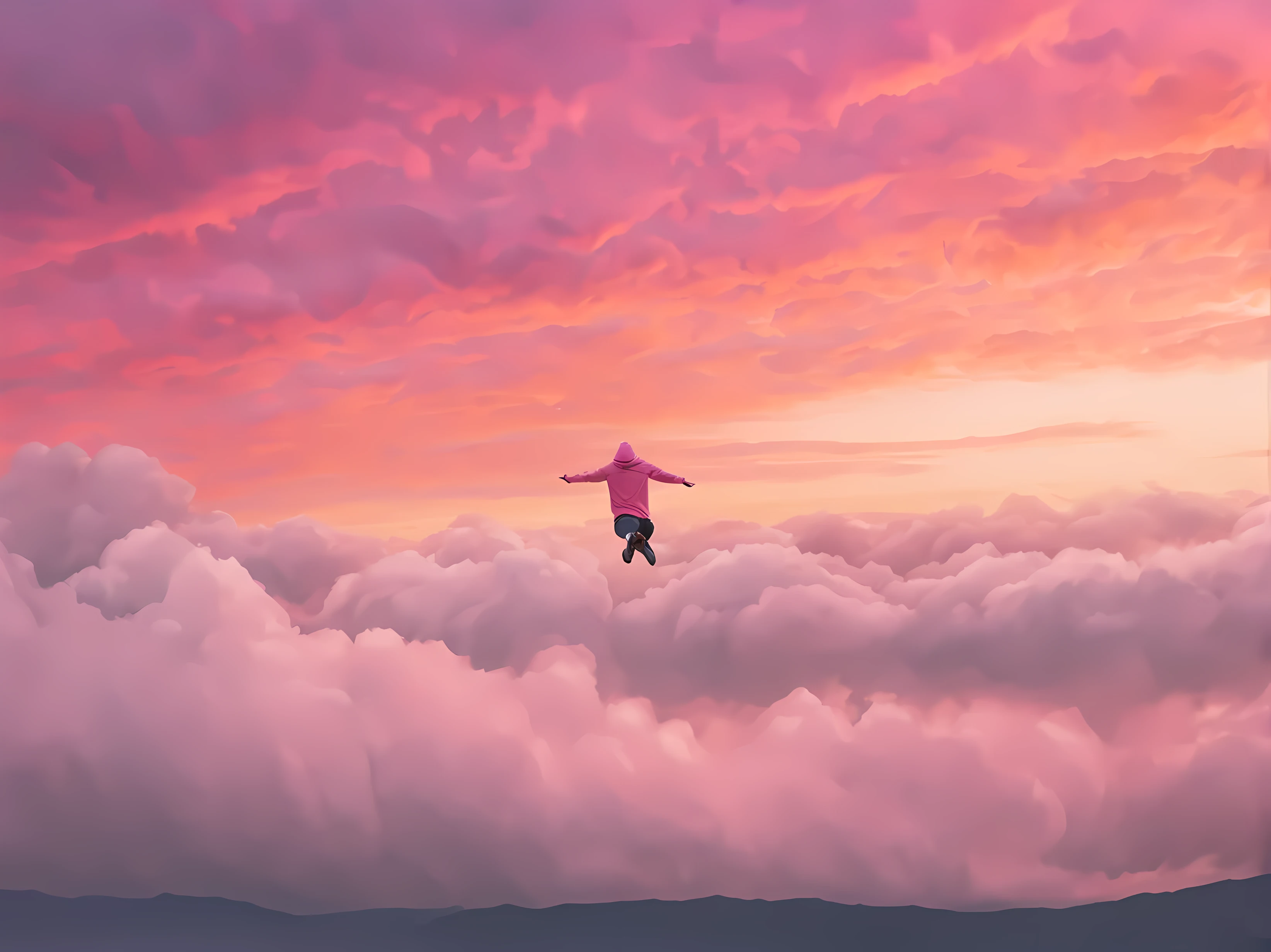 a landscape picture of man flying gracefully through the clouds horizontally, gliding away from the camera arms outstretched. He is wearing a pink hoodie jeans and sneakers, flying in a cloudy dream. you cannot see his face, he is visible on the left side of the picture. summer sunset sky, with lots of thick clouds. He looks small against the massive sky backdrop, pink and orange light. Scene from a dream