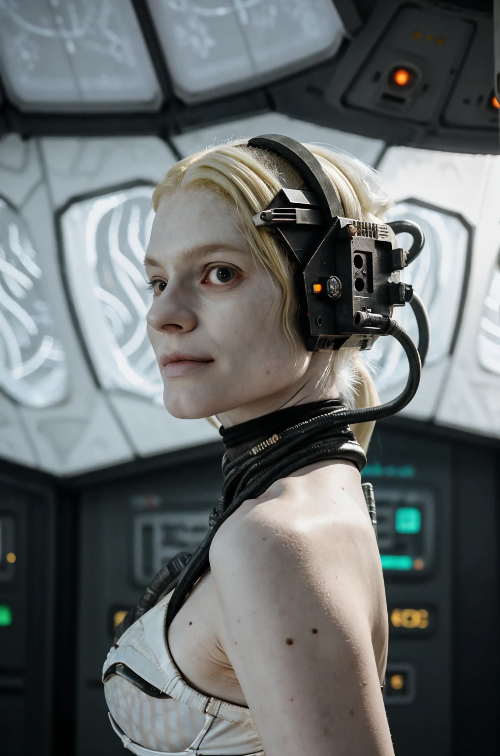 borg woman casey, [(cable:1.5):(cable:1.4):4], 

[(pale white:.1) (Natural:1) (skin:1.3)::8]
[[(Natural:1.1) (pale white:.9) (skin:1.3):8]::16]
[(Natural:1) (pale white:1.3) (skin:1.3):16]
 [(with:.01) (beauty_marks:.01):6], 

[bald:(long light blonde hair:1.2):8], [albino Nordic:8],
Back view, 
(Head shot:1.4), sexy (cyborg:.1) (cybernetic:.3) (implants:.2), (cyborg:.1) (cybernetic:1.1) (bikini:1), 

young,   front light, well lit, outdoors, arctic ice tundra, [in nature:6], [outdoors space station base:7], sunny, fit, [led lights, laser lights:4], detailed skin,  photograph, detailed, high resolution, RAW photo, in frame, 

[BREAK:8] 
[(many beauty_marks and:.01) (many light moles on her skin:1):8], 

[BREAK (light brown moles:.1):12]