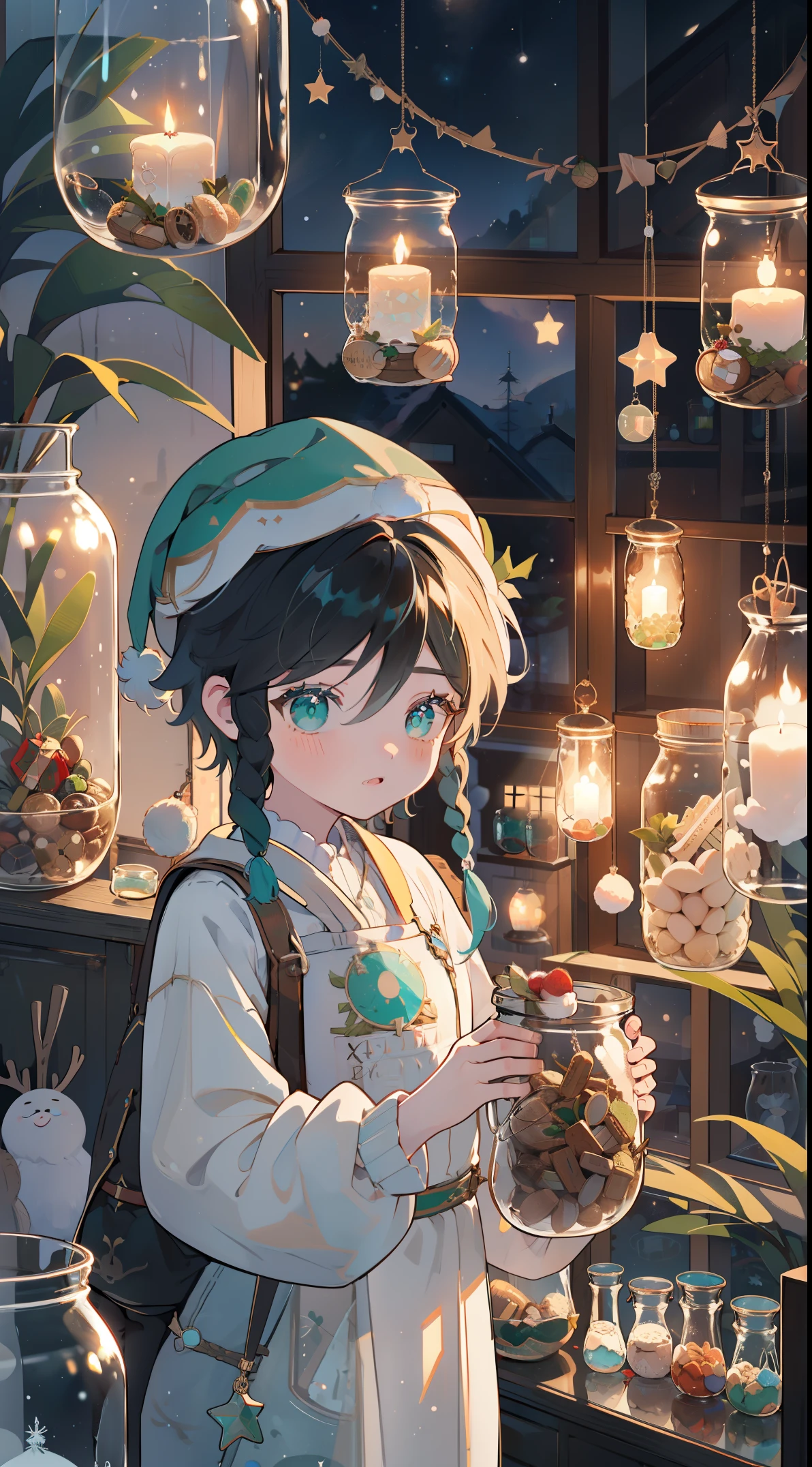 （（（（（（inside jar））））））、A boy with, ((full bodyesbian)), Wendi (genshin impact),brunette color hair, Green eyes, ((((Packed in jars))))、adolable、最small, small, Christmas atmosphere,, santa hat, Sweets and snacks, gifts, A piece of,(((Packed in jars))), (Eau, Eau泡)