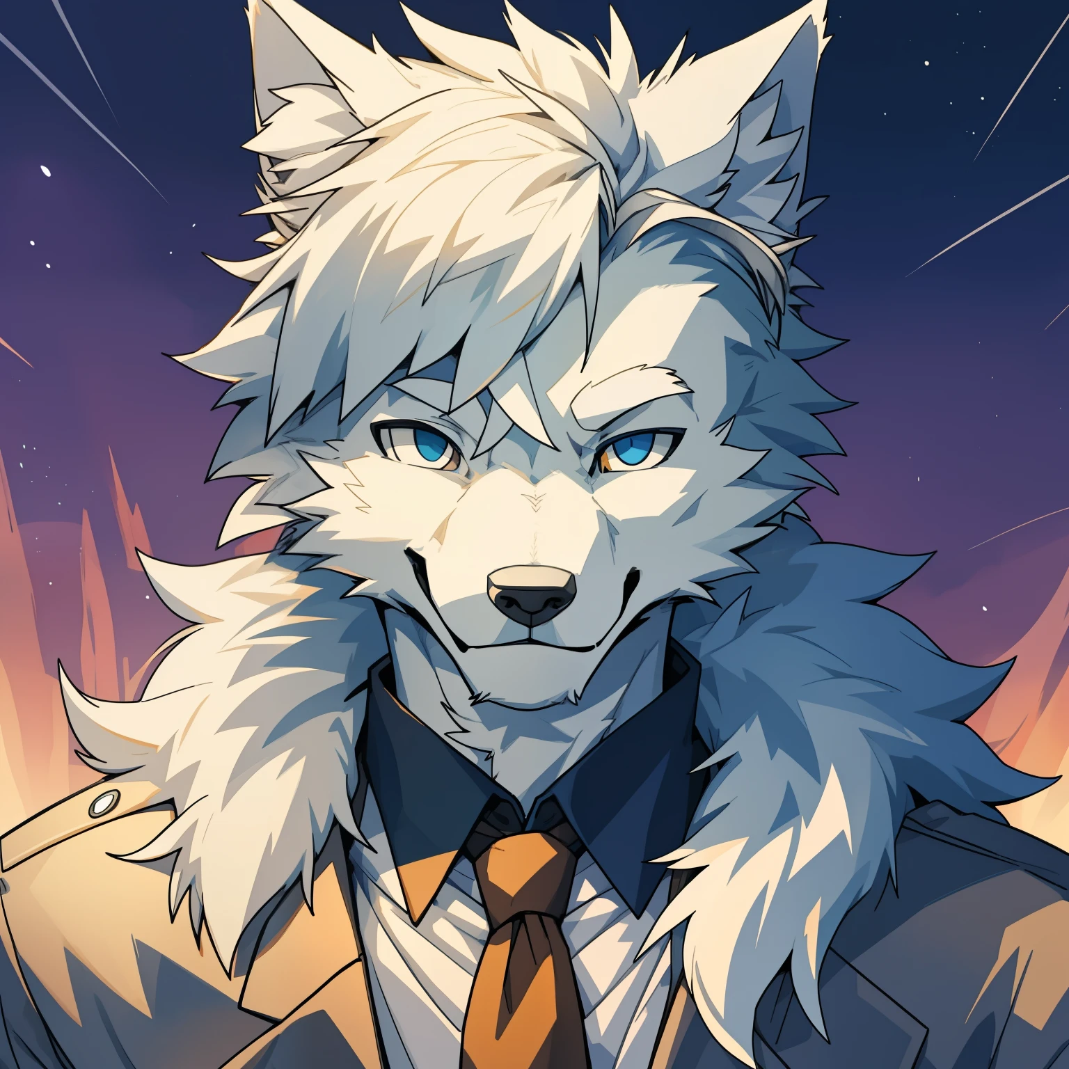 (High-quality illustrations,masterpiece)(Common,furry human),(Boy white humanoid wolf:1.2), smiling warmly,wear a suit,Super detailed illustrations,the only person,dark night,dark street