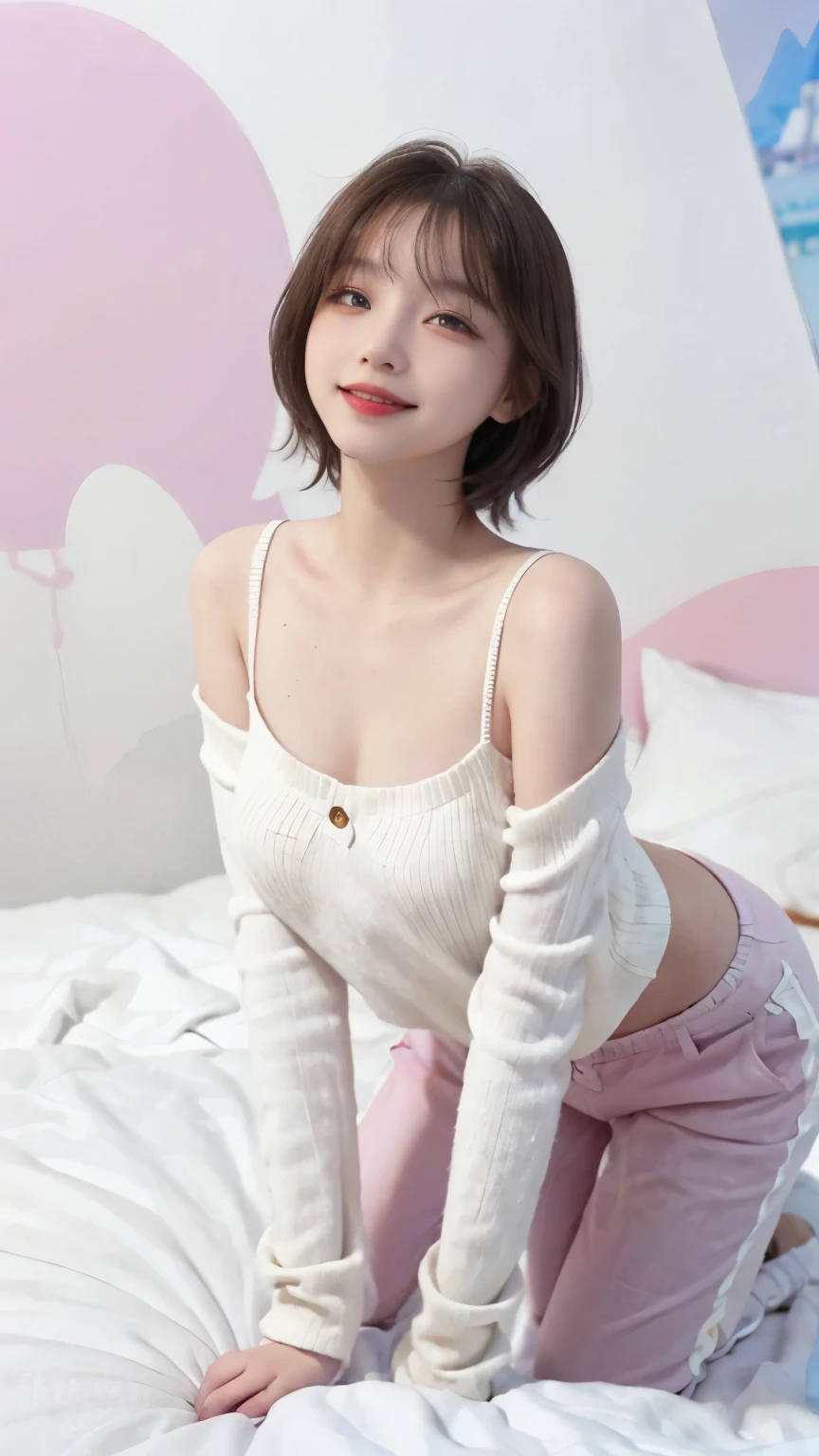 best image quality、RAW photo、ultra high resolution、21 years old Korean、small breasts、dynamic angle、cowboy shot、The most beautiful forms of chaos、elegant、innovative design、vivid colors、beautiful white hair、short bob、smile、glossy white skin、beautiful eyes with random colors、Very beautiful eyes down to the details、thin lips、detailed beautiful eyes、elongated eyes、pale pink cheeks、long eyelashes、beautiful double eyelids、eye shadow、city、White big sweater、baggy pants、shot from the side、get down on all fours、sexy pose、zoom up